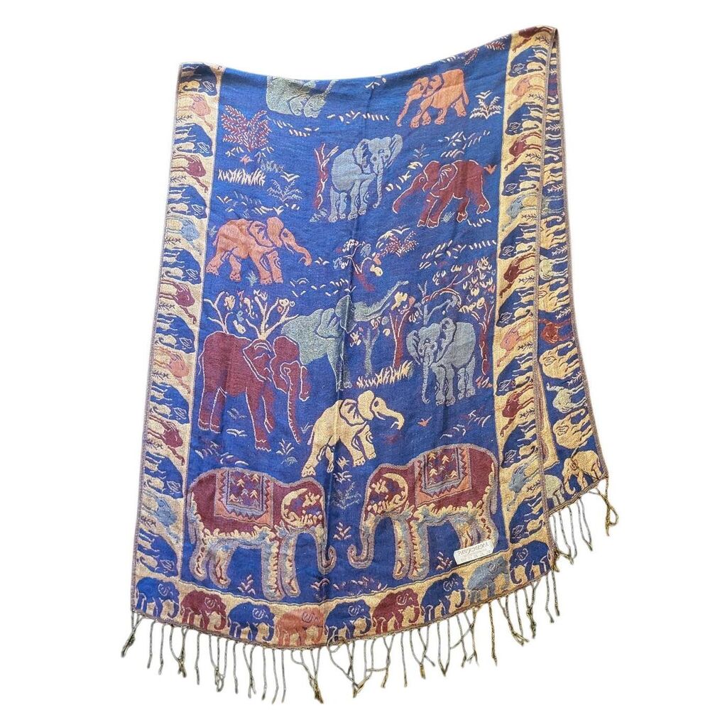 PASHMINA Brand Scarf Wrap Shawl Gold Purple Elephant Fringe Gypsy Boho